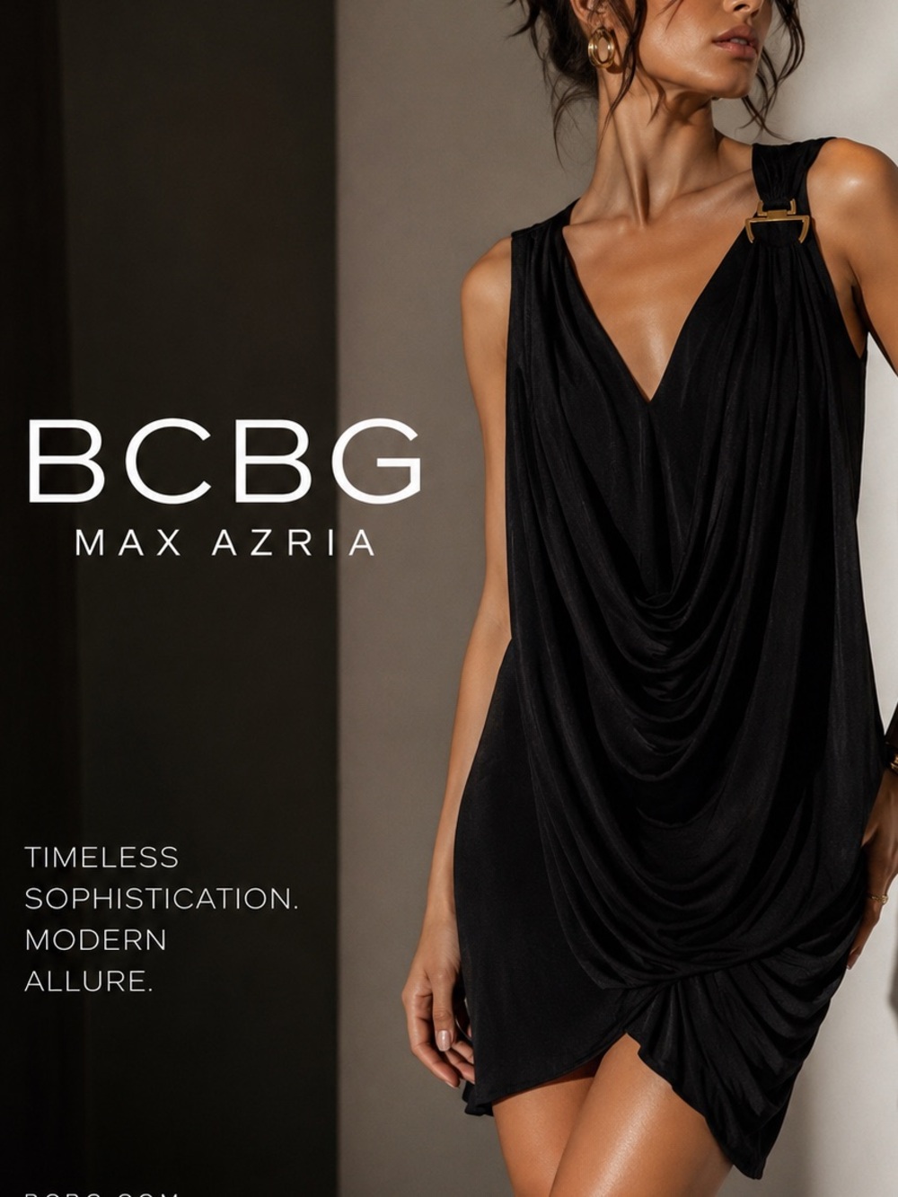 BCBG Max Azria Black Draped Cowl Mini Dress Gold Buckle M